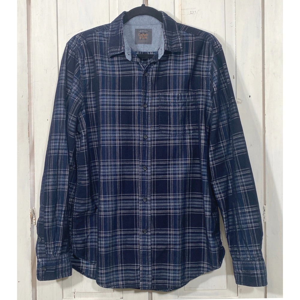 Copper & Oak Mens Blue Plaid Corduroy Button Down Shirt Med Cabincore Hipster
